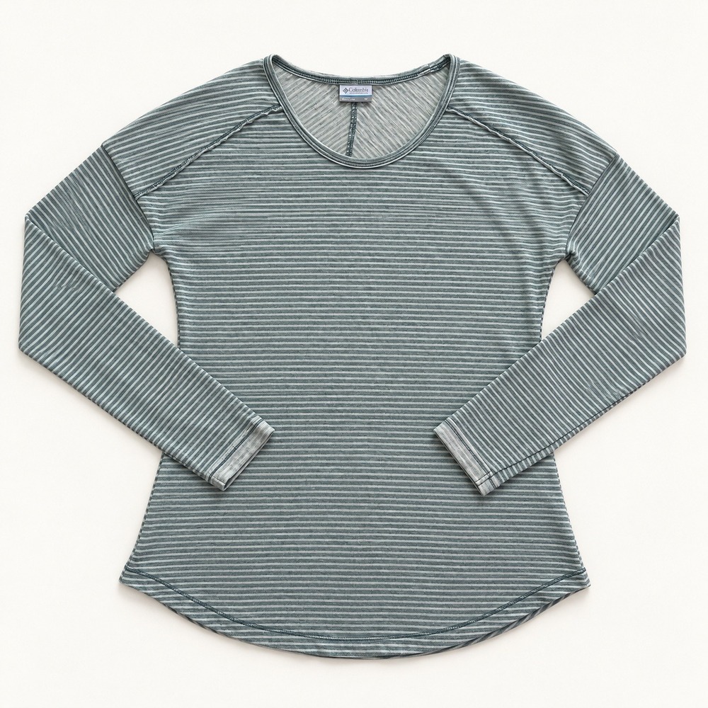 Columbia Womens Medium Green Gray Stripe Scoop Neck Long Sleeve Top